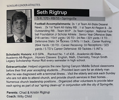 National Football Scholar-Leader-Athlete Seth Rigtrup